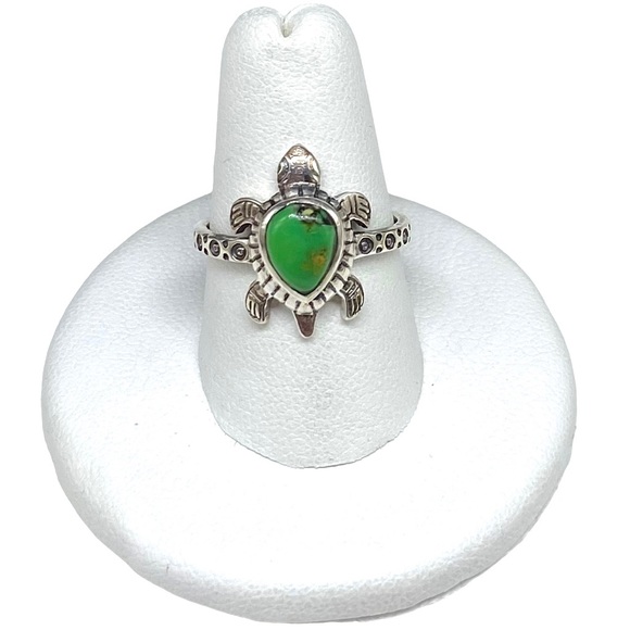 Jewelry - Green Turquoise Turtle Ring Solid Sterling Silver 925 Sz Size 7.5 Natural Stone